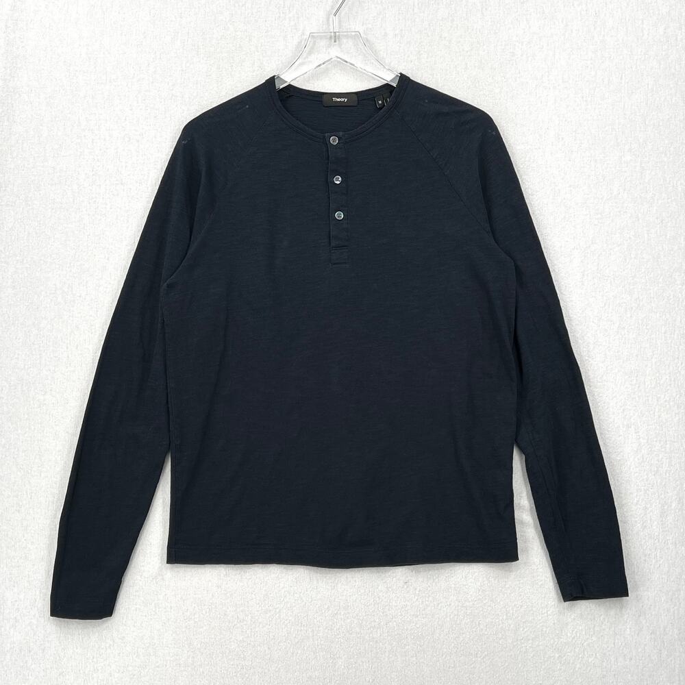 THEORY Adrik Ocean Slub Henley Shirt Mens Medium Black Long Sleeve Minimal Basic